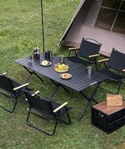 Portable Folding Camping Table Set with 4 Chairs – Lightweight Aluminum Roll-Up Picnic Table and Chair Set for Outdoor, Patio, Travel (Black)