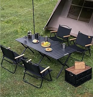 Portable Folding Camping Table Set with 4 Chairs – Lightweight Aluminum Roll-Up Picnic Table and Chair Set for Outdoor, Patio, Travel (Black)