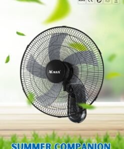 Vmax 18" Wall Fan with Remote Control, 5-Blade High Performance, 3-Speed Settings, Adjustable Tilt, 60W, Quiet Operation, Durable, Black