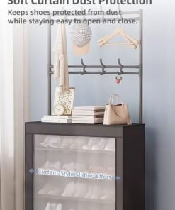 Alternative view of 6-Tier Shoe Rack Shoe Cabinet with Hooks, Entryway Shoe Organizer with Hanging Rod & Dustproof Curtain, Vertical Shoe Storage Cabinet with Top Shelf, Multi-Layer Shoe Rack for Entryway, Hallway & Bedroom