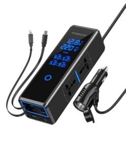 Powerology Car Power Inverter 300W  / 220V Dual AC Sockets / 67cm Retractable Cable / Phone Car Charger with Intelligent Silent Cooling Fan/ Universal Compatibility