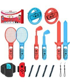 STARTRC GAMES 10 in 1 Switch Sports Game Accessories Bundle, for Switch 2, Switch 1, Switch OLED, Steering Wheels +Tennis Rackets+Adjustable Golf Clubs + Swords+Leg Straps, Family Accessories Kit for Joy-Con 2