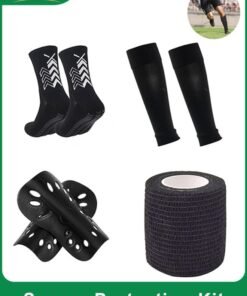 FAYET All-in-One Football Protection Kit, Anti-Slip Grip Socks, Youth Shin Guards, Calf Compression Sleeve and Self-Adhesive Cohesive Bandage Wrap for Training and Game Support