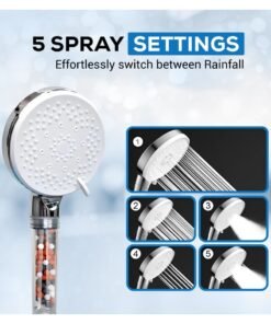 DANEEN High Pressure Shower Head Sprayer with Filtration System, Teflon Tape (Jet, Rainfall and Massage), Reduce Hair Loss, Boost Skin, Filter, Purify and Save Water (5 Function with 1.5m Hose)