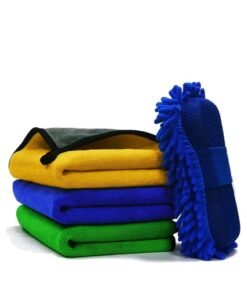 Haidue Car Towel Microfiber Cleaning Cloth Pack of 3 with Washing Sponge- Multipurpose Towel for Washing Drying Dusting