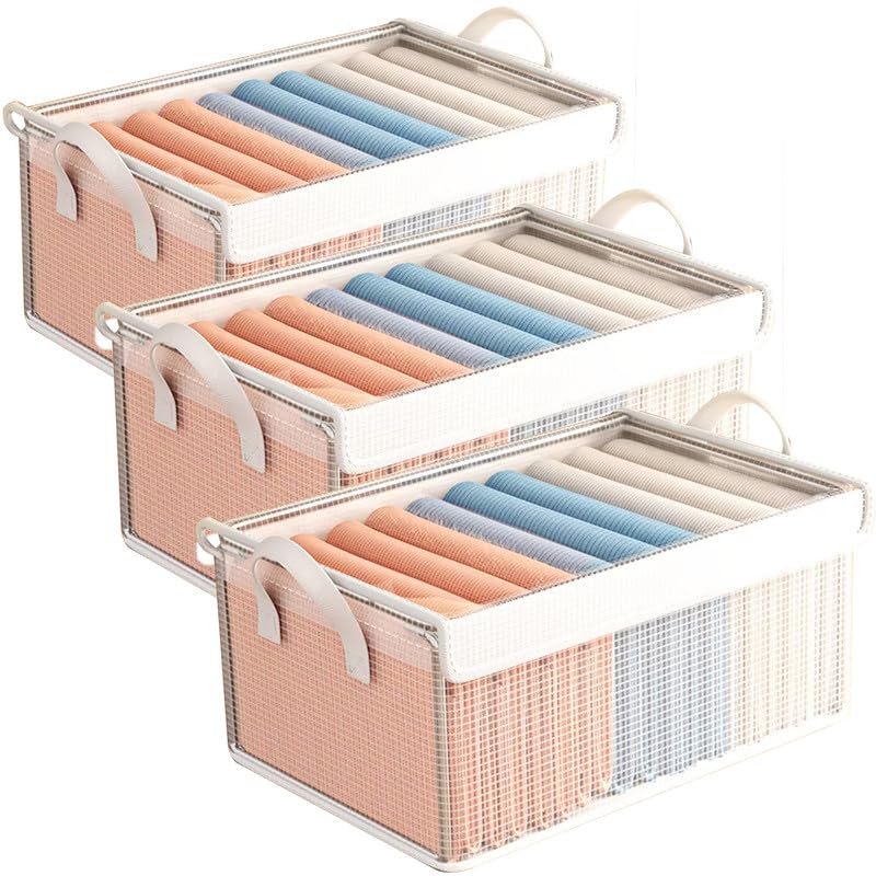 PRIME PICK Storage Box Zip Cloth Organiser Pack 3 PVC Clothes organizer Wardrobe Organizer for Storage Foldable Washable Box with Lid Metal Frame,Handles Ideal for Almirah Drawer,Clothing,Transparent