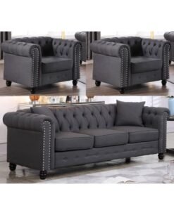 Maharat Al Bahar MAB Furnishings - 5-Seat Chesterfield Tufted Jewel-Toned Velvet Sofa with Scroll Arms, Dark Grey