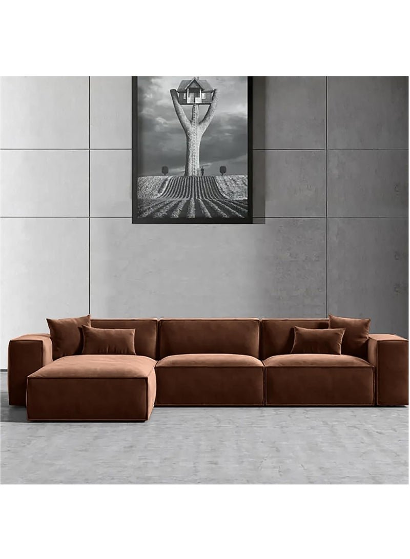 Karnak Carol Corner l L-Shaped Luxury Sofa For Living Room Solid Wood Corner Modern Design Couch, Velvet Upholstered Color (Right, Dark Brown)