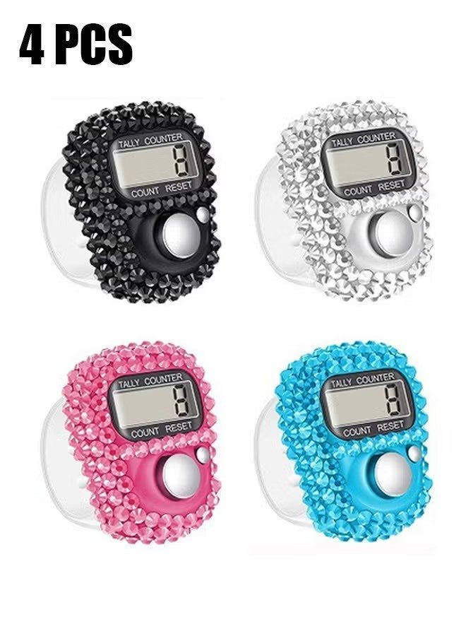 YJ 4 Pcs Finger Counters - 5 Digital LED Electronic Finger Counter, Mechanical Manual Clicker Number Lap Tracker Tally Counter with Bling Design Mini Ring Stick Counter Multicolour