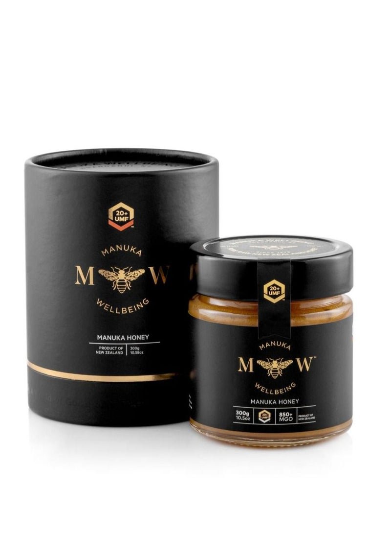 MANUKA WELLBEING Pure New Zealand’s Finest Manuka Honey UMF 20+, MGO 850+, Certified Pure Raw Manuka Honey in a Jar, 300g.