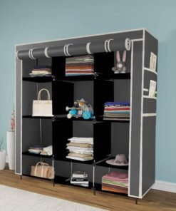 GTC ® 12 Layer Collapsible Portable Foldable Wardrobe Storage Organizer Shelves for Clothes Racks Fabric Almirah Non Rustable Iron Storage Unit (88250) (Grey)