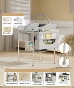WALALLA Portable Baby Changing Table with Storage Adjustable Height Diaper Station, Waterproof Pad, Large Capacity Organizer, Foldable Newborn Bath Massage Changing Table for Nursery & Bedroom,Grey