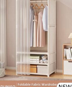 DUNISO Portable Fabric Wardrobe Clothes Storage Closet with 3 Storage Shelves and Curtain, Foldable Non-Woven Fabric, Quick and Easy Assembly Closet Organizer for Bedroom Home