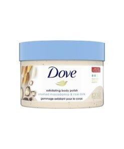 DOVE EXFOLIATING BODY POLISH SCRUB 10.5OZ, 298G, CRUSHED MACADAMIA & RICE MILK, REVEAL VISIBLY SMOOTHER SKIN MACADAMIA & RICE MILK BODY SCRUB THAT NOURISHES SKIN