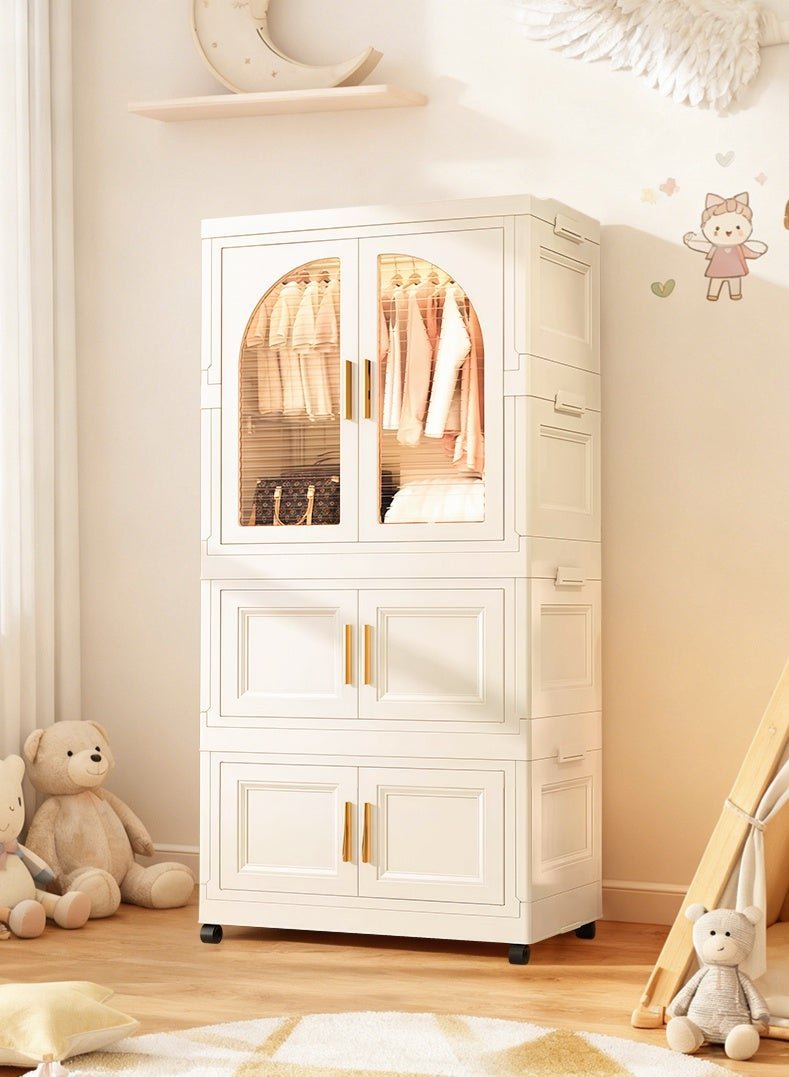 Portable Kids Closet Children's Wardrobe, Foldable Clothes Cabinet,Collapsible Plastic Srotage Organizers Closet with Wheels, Hanging Rod and Door