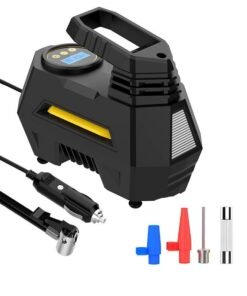 Tyre Inflator Air Compressor 12V, Portable Electric Car Tyre Pump with Tyre Pressure Gauge, Auto-Stop Car Air Pump with Valve Adaptors and LED Light, Car Accessories, Black