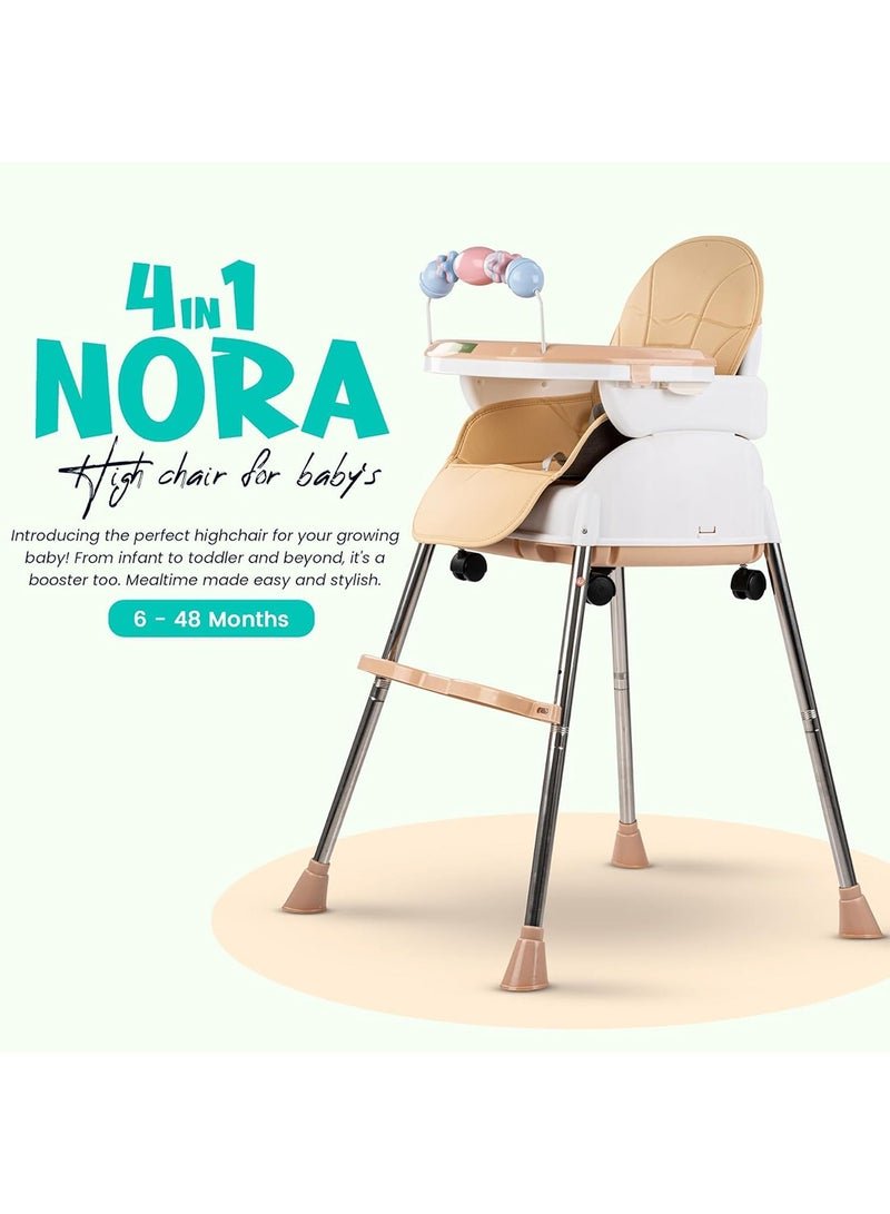 BAYBEE 4-In-1 Nora Convertible High Chair For Kids With Adjustable Height And Footrest, Toddler Feeding Booster Seat And Tray Safety Belt - Beige