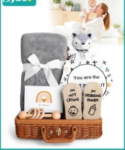 Bybeo 7 PCS Baby Gift Set, Newborn Baby Shower Gift for Boys Girls, Baby Gift Basket with Essential Stuff, Includes Blanket, Wooden Rattle Toy, Baby Bib and Socks, Greeting Card, Newborn Baby Gift Set