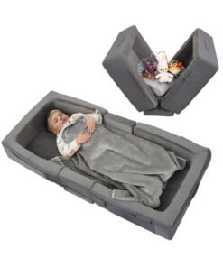 XICEN Toddler Travel Bed, Folding Portable Baby Cot, Can Store Toys & Clothes, Machine Washable Kids Bed, Lightweight Baby Cradle for Baby 18M – 4 Years Old (Grey Color)