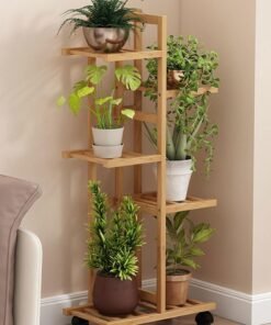 XiuWoo Bamboo Rolling Plant Stand Indoor Outdoor, Multiple Flower Pot Holder Shelf Dispaly Stand with Wheels, Tiered Planter Display Shelving Unit for Patio Garden Corner Balcony Living Room,5-Tier