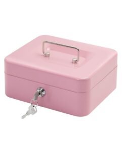 XiuWoo Steel Cash Box with Key Lock, Metal Small Money Organizer with Money Tray, Cash Storage Box with Lockable Cover, Pink