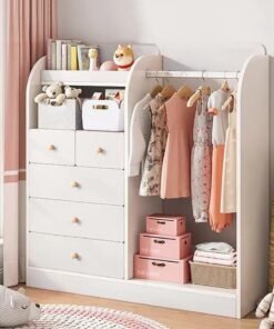 CityRiya-Long Kids Wardrobe, Kids Dress Up Storage, Children Closet Cabinet Storage Organizer, Kids Armoire Dresser Organizer, Girls Boys Clothes Storage Cabinet, Kids Costume Closet Wardrobe White
