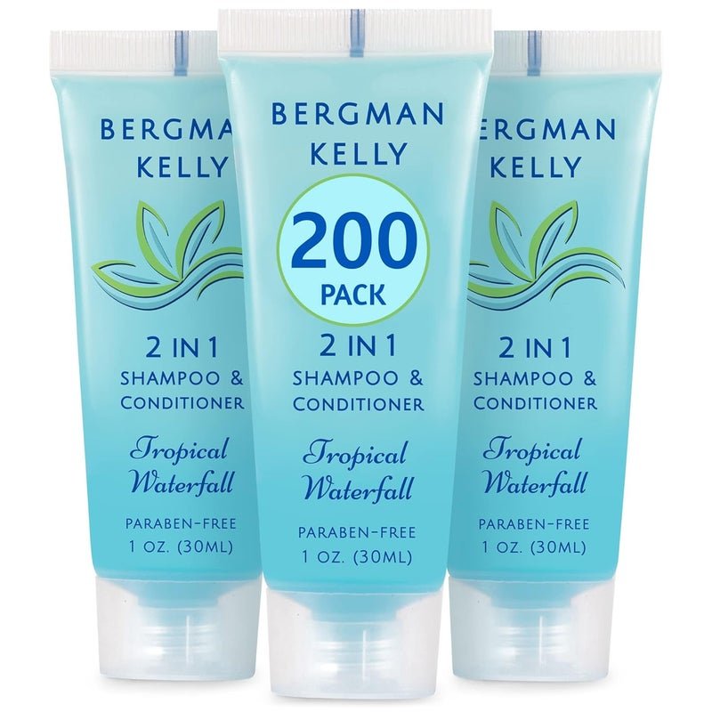 Bergman Kelly Travel Size 2 in 1 Shampoo Conditioner 1 fl oz 200 PK Tropical Waterfall Delight Your Guests wInvigorating Refreshing Shampoo Amenities Small Hotel Toiletries in Bulk