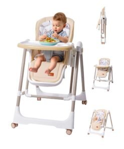 AL-WAHA AL-ZHABIA Baby High Chair | 5-Level Adjustable Foldable High Chair with Wheels & Double Trays | 4-Position Reclining Seat & 3-Stage Footrest | Safe Feeding Chair for Infants 6M-3 Years