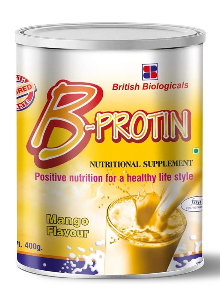 British Biologicals B-Protin Nutritional Supplement | Whey, Soy & Casein Blend | Immunity & Energy Support | Vitamin A, Folic Acid & Zinc | Supports Digestion | Gluten-Free | Mango Flavour | 400g