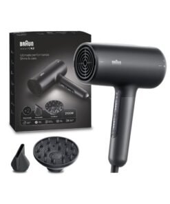 BRAUN Hair Dryer with HD4.2 Motor, 2100W Power, Super IONTEC Function, Touch Control, 3 Heat Modes, Drying Nozzle, Curl Diffuser with 2 Attachments - BRHD425SDE Electro Black