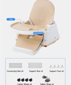 AL-WAHA AL-ZHABIA 4-in-1 Multi-Function Baby High Chair with Adjustable Height and Footrest | Double-Layer Food Tray, 360° Wheels & Safety Belt | Infant Feeding Chair for Babies 6 Months to 3 Years (Khaki) - Image 3