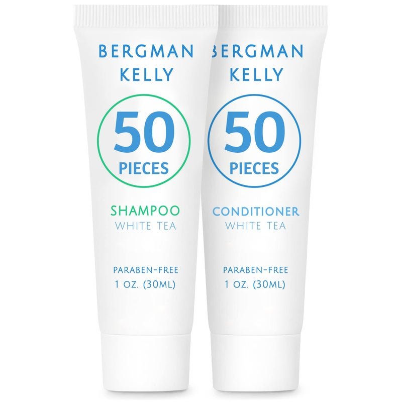 Bergman Kelly Travel Shampoo and Conditioner Set 1 fl oz 100 Pieces White Tea Delight Your Guests with Revitalizing and Refreshing Hotel Toiletries and Guest Hospitality in Bulk
