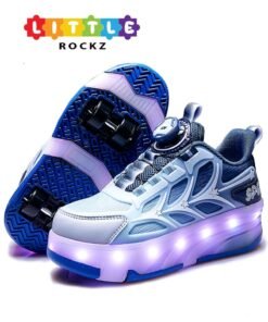 LITTLE ROCKZ Kids Four Wheel Roller Shoes Rechargeable LED Flash Light Sneaker Skate Heelys Shoes Blue