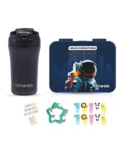 Eazy Kids 4 And 6 Convertible Compartment Bento Lunch Box With Stainless Steel Water Bottle 400 ML, Sandwich Cutter Set - Space UAE Blue