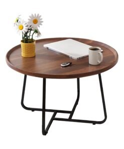 XiuWoo Round Coffee Table with Metal Frame, Modern Wood Raised Edge Table, Durable Easy Assembly Cocktail Table End Table for Living Room Office