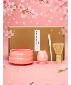 Squarecircle 4-piece Japanese Matcha Set, Ceramic Matcha Bowl+Whisk Holder+Bamboo Whisk+Spoon,for Traditional Tea Ceremony-Coarse Ceramic Perfect Handmade Matcha Kit to Prepare Traditional Matcha Tea, 100% Natural Matcha Gift Kit (pink)