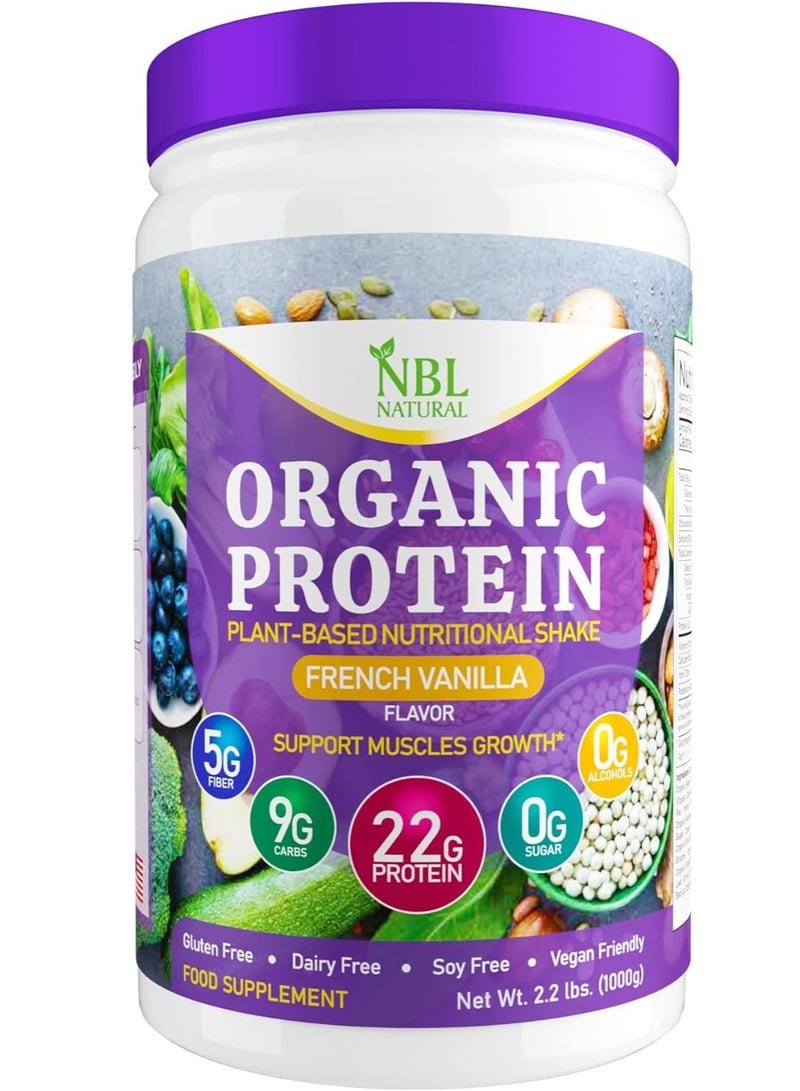 NBL Natural Plant Based Organic Protein Powder, Vegan, Non-Dairy, Gluten Free, Lactose Free, No Sugar Added, French Vanilla, 2.2 lb, 25 Servings