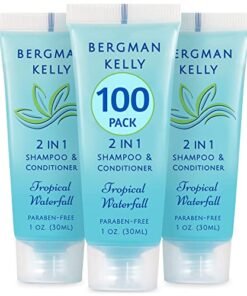 Bergman Kelly - Travel Size 2 in 1 Shampoo & Conditioner - 1 fl oz, 100 PK, Tropical Waterfall - Delight Your Guests w/Invigorating & Refreshing Shampoo Amenities - Small Hotel Toiletries in Bulk