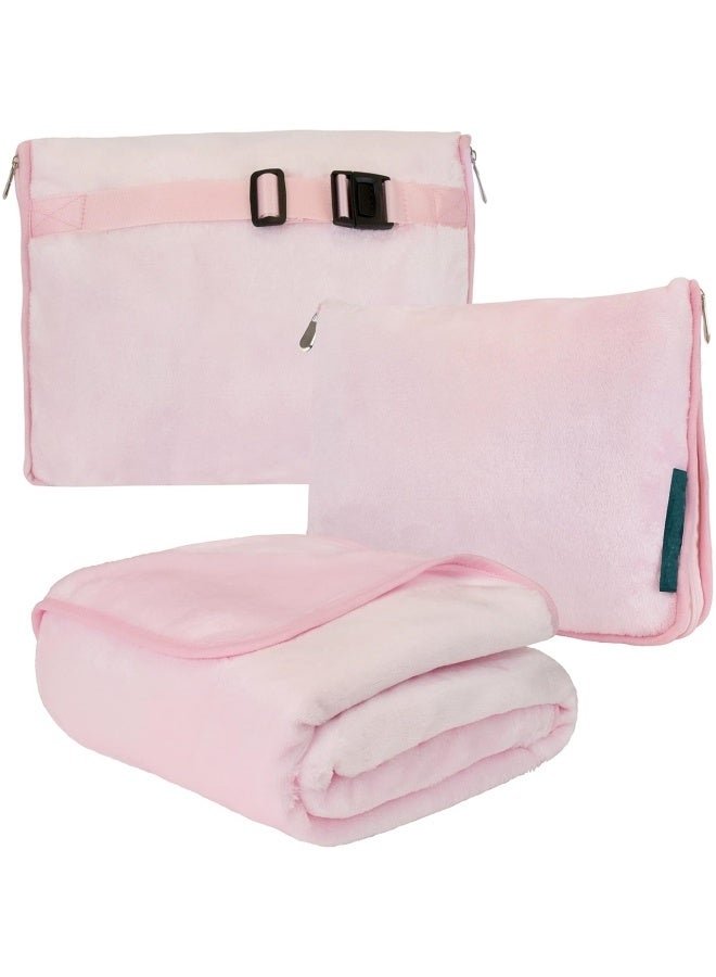 Travel Blanket Pillow, Soft Airplane Blanket Combo Set, Plane Blanket Compact Packable, Flight Essentials Car Pillow, Travelers Gifts Accessories, Luggage Backpack Strap, Pink