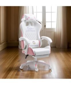 Huitich White & Pink Cartoon Gaming Chair with Footrest Ergonomic Comfort for Study & Gaming