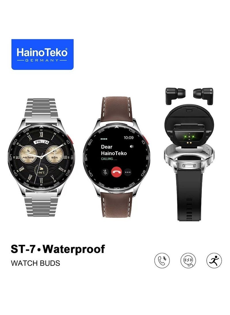 Haino Teko HainoTeko ST-7 Waterproof Smart Watch with Integrated Earbuds Large Screen AMOLED Display 3 Pair Straps and Charging Cable Silver