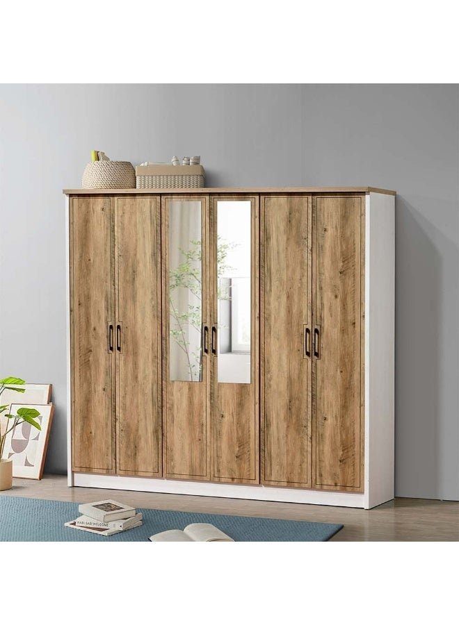 DANUBE HOME Swann 6-Door Wardrobe With Mirror For Hanging Clothes Extra Sturdy Rack Storage Organiser Modern Design Space Saving Cabinets For Bedroom - Summer Oak/Pearl White