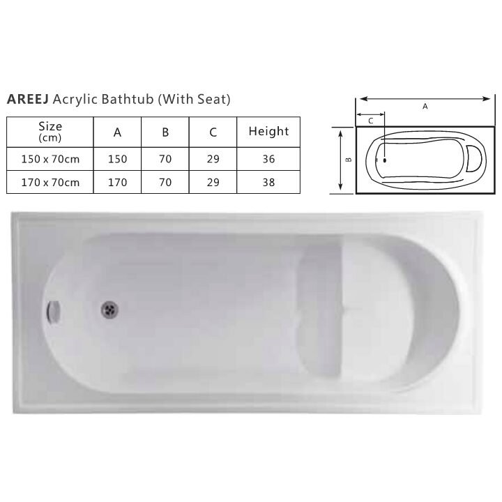 Areej acrylic bathtub with seat – available in dimensions 150x70cm and 170x70cm - Image 2