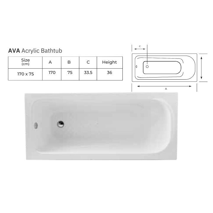 Ava acrylic bathtub white size 170cm - Image 2