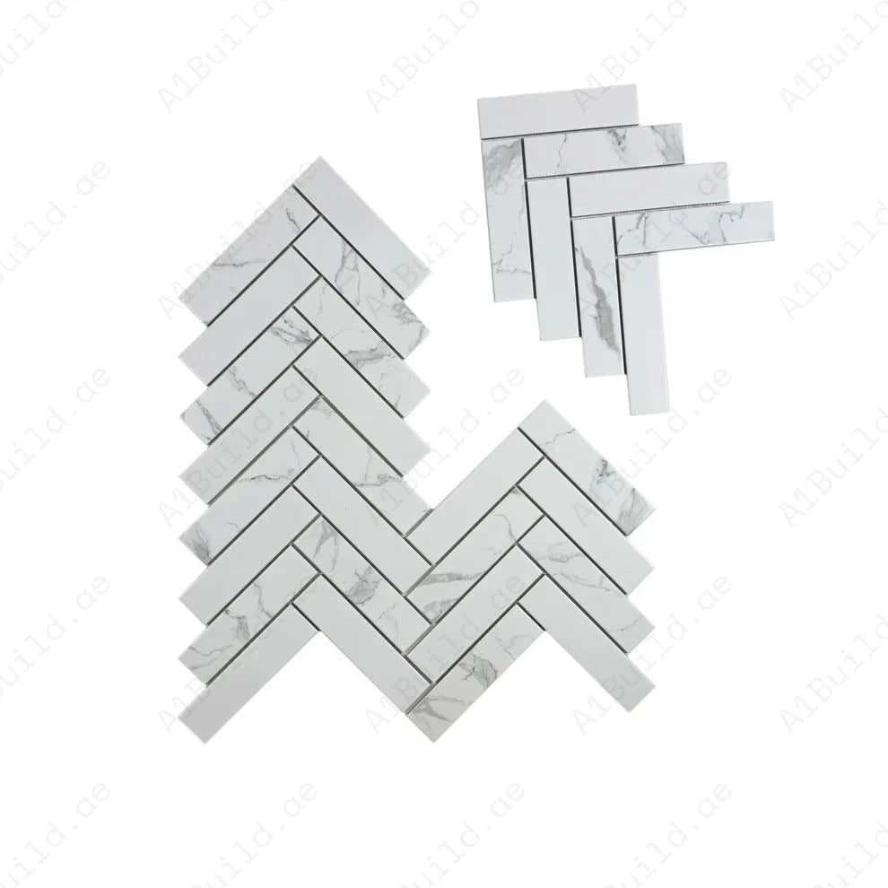 Carrara Lumina Series Carrara White Herringbone Porcelain Mosaic - Image 2