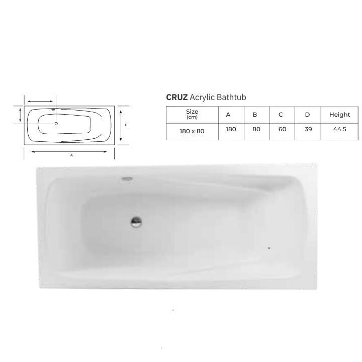 Cruz acrylic bathtub – a serene white oasis in 180cm, offering a perfect blend of style and comfort - Image 2