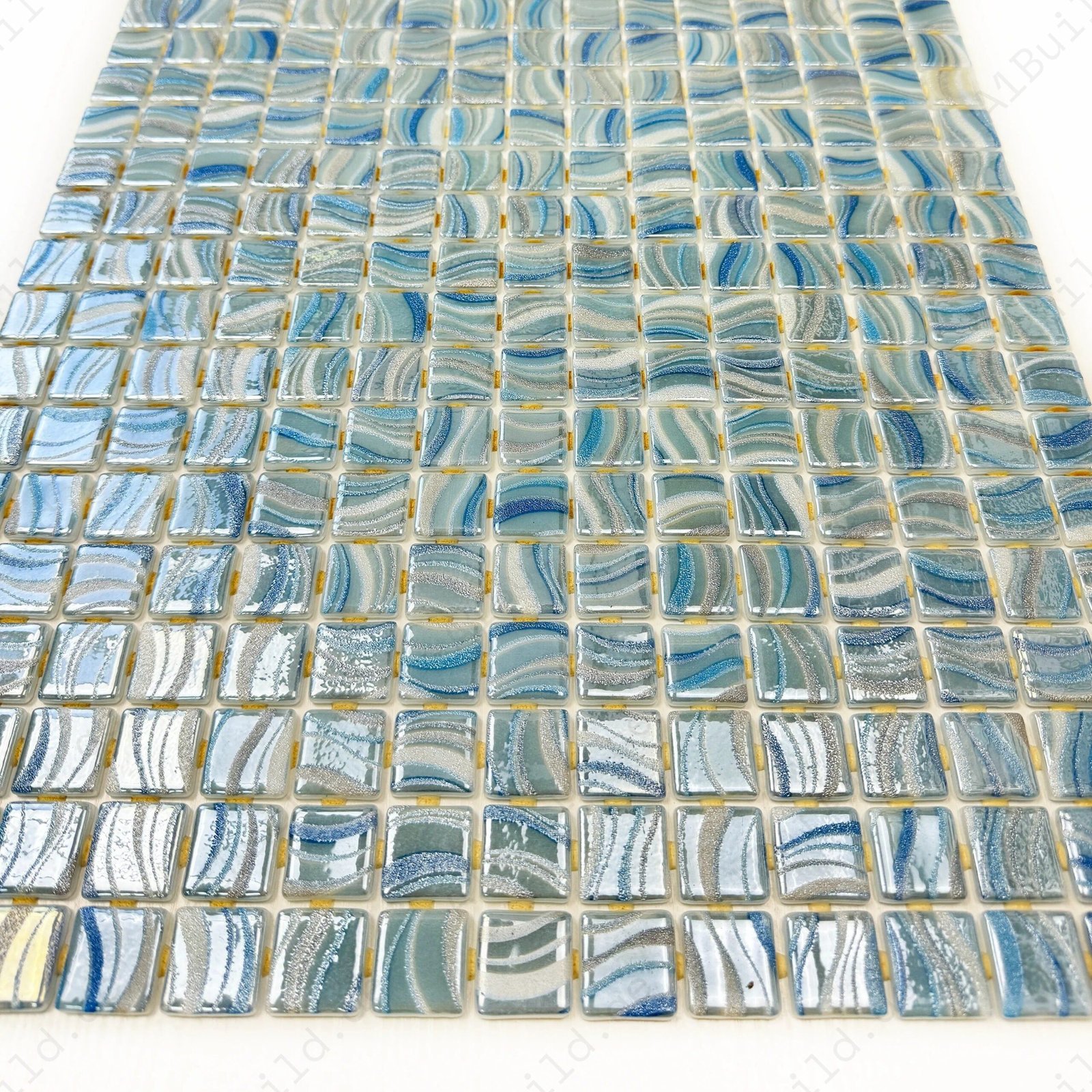 Spanish Mosaic Series White & Royal Blue & Baby Blue Shinny Streaks And Swirls Texture Recycled Glass Mosaic - Image 2