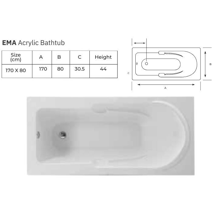 Ema acrylic bathtub (170cm) – soak in style and comfort - Image 2