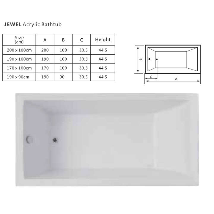 Jewel acrylic bathtub size 190x90cm, 200x100cm.170x100cm - Image 2