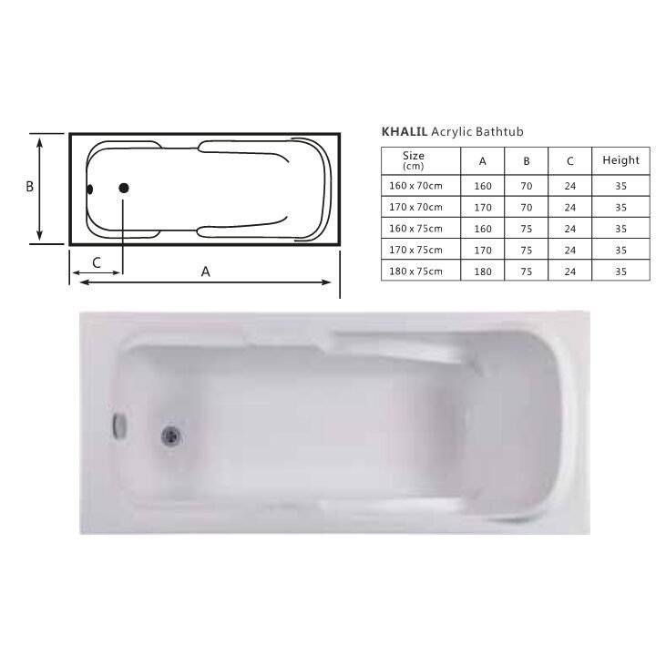 Khalil acrylic bathtub – tailored comfort in sizes 160x70cm, 170x70cm, 160x75cm, 170×75, and 180x75cm - Image 2